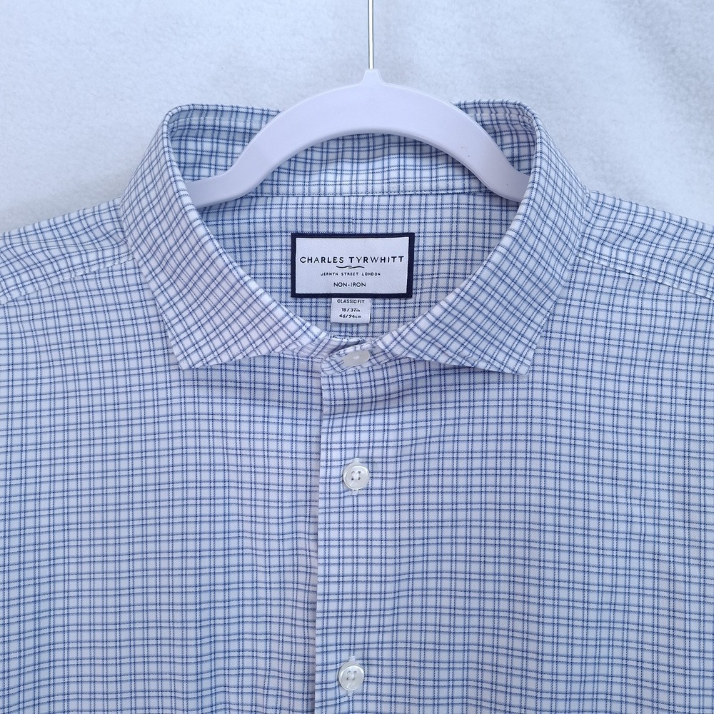 Charles Tyrwhitt Shirt Mens XL 18/37 Blue Plaid Classic Fit Button Down Non Iron